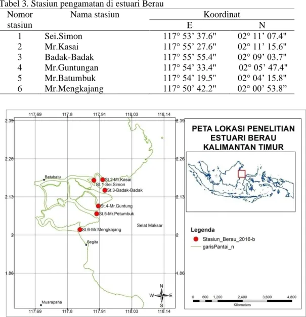 Tabel 3. Stasiun pengamatan di estuari Berau  Nomor 