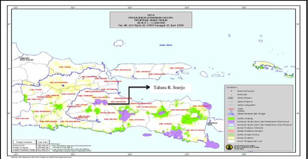 Gambar 1  Peta kawasan hutan di Provinsi Jawa Timur dan lokasi Taman hutan raya R. Soerjo