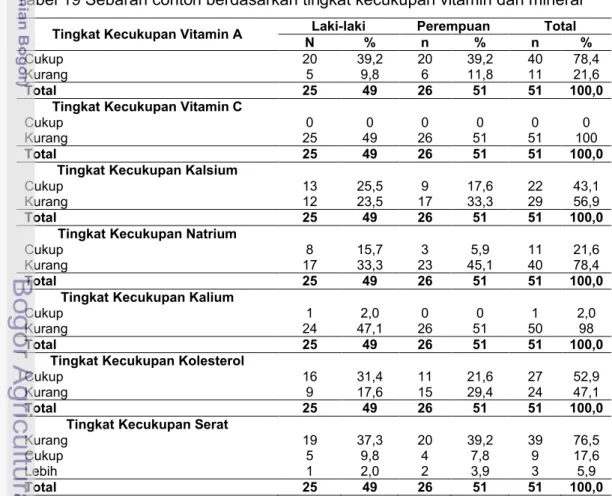 Tabel 19 Sebaran contoh berdasarkan tingkat kecukupan vitamin dan mineral