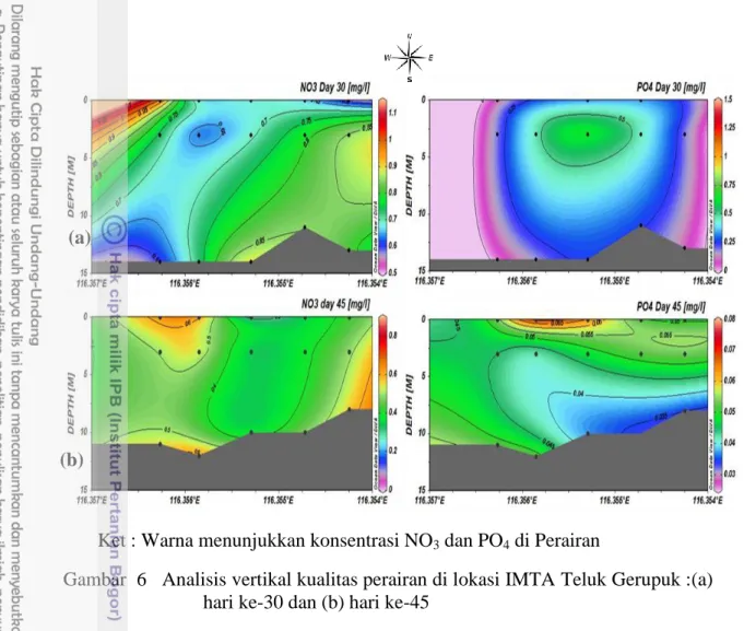 Gambar  6   Analisis vertikal kualitas perairan di lokasi IMTA Teluk Gerupuk :(a)  hari ke-30 dan (b) hari ke-45 