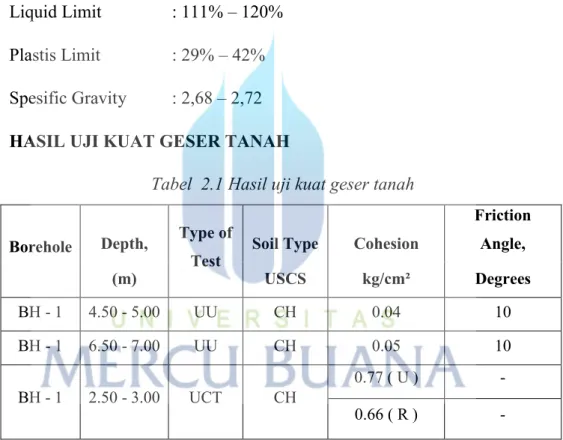 Tabel  2.1 Hasil uji kuat geser tanah  Borehole  Depth,  Type of 