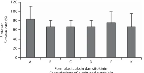Gambar 5. Sintasan kalus pada berbagai formulasi auksin dan sitokinin Figure 5. Survival rate of callus in several auxin-cytokinin formulation