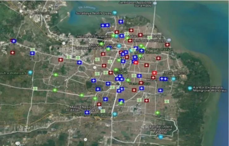 Gambar 1. 2 Persebaran Fasilitas Kesehatan di Surabaya tahun 2013  Sumber: gis.depkes.go.id/map.php 