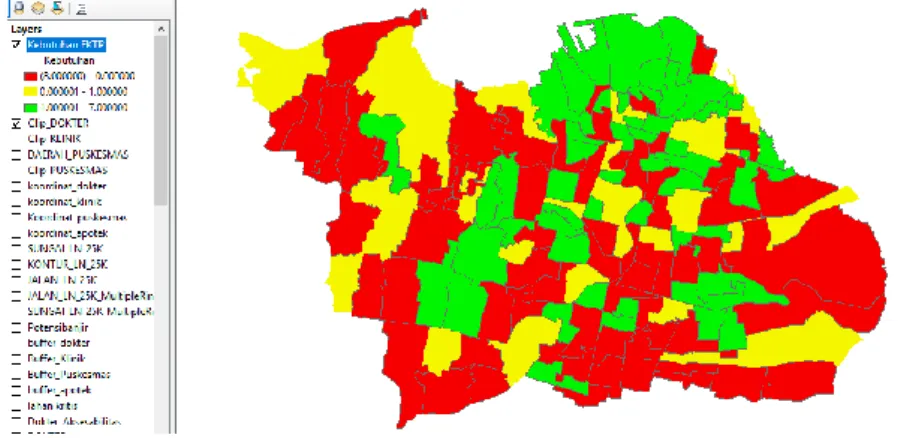 Gambar 4. 6 Peta Kebutuhan FKTP per kelurahan  Sumber: Data ArcGIS penulis 