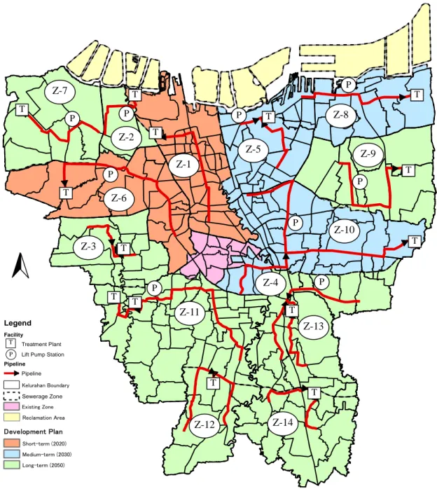 Gambar D7-1  Ikhtisar Tiap-Tiap Zona Sewerage dan Rencana Layout Fasilitas Sewer Utama 