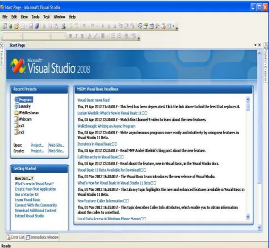 Gambar II.4 : Tampilan Microsoft Visual Studio 2008  Sumber : Muhammad Sadeli (2009: 10) 