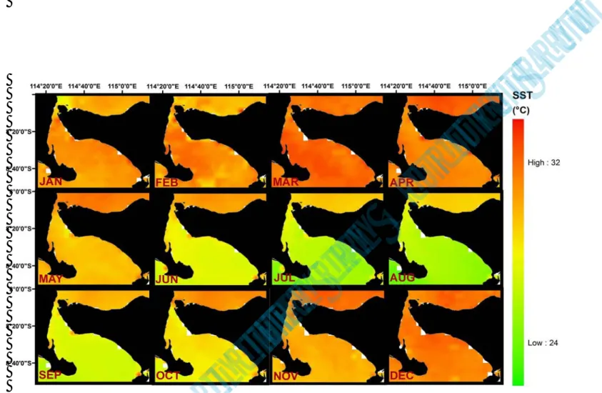 Gambar 4. Komposit bulanan SST Selat Bali dari data level 3 Sensor MODIS Aqua periode 2008 -2010 (Monthly composite images  of Bali Strait’s SST derived from 3 rd  level of MODIS Aqua on 2008-2010 period)