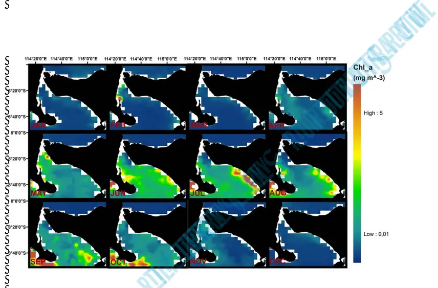 Gambar 2. Komposit bulanan SSC Selat Bali dari data level 3 Sensor MODIS Aqua periode 2008 -2010 (Monthly composite images  of Bali Strait’s SSC derived from 3 rd  level of MODIS Aqua on 2008-2010 period)