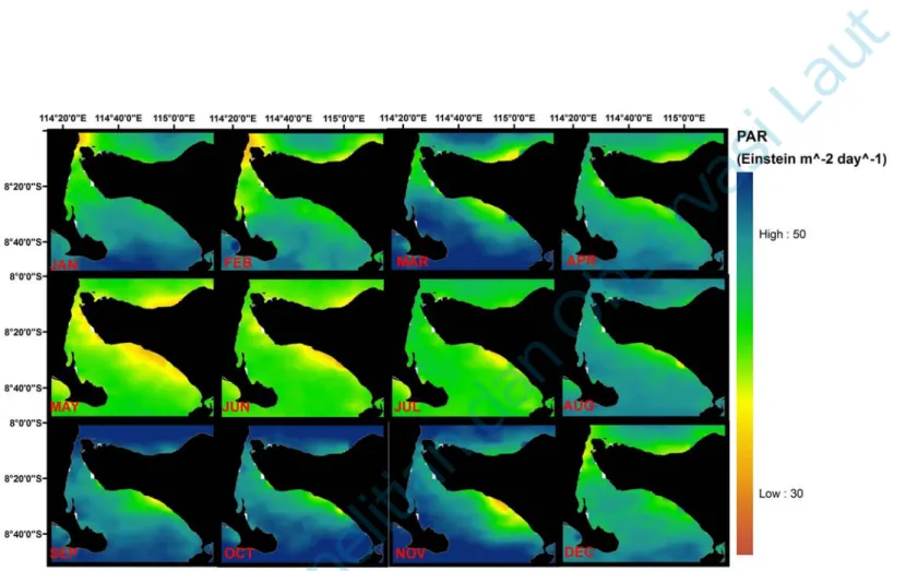Gambar 3. Komposit bulanan PAR Selat Bali dari data level 3 Sensor MODIS Aqua periode 2008 -2010 (Monthly composite images  of Bali Strait’s PAR derived from 3 rd  level of MODIS Aqua on 2008-2010 period)
