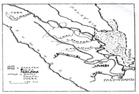 Gambar  1.  Keletakan  Peta  kuno  menurut  Obdeyn  ,  pulau  Sumatera  lebih  tipis  bagian  Timurnya  dari  sekarang,  sedangkan  pulau-pulau  di  bawah  Singapura  sampai  pulau  Bangka  menjadi  satu  dengan  Semenanjung  Malaka  (Daldjoeni  1984, 43)