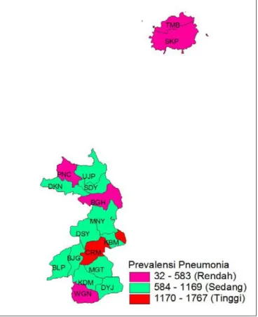 Gambar 4.5  Perseberan Prevalensi Pneumonia perKecamatan di  Gresik Tahun 2013 