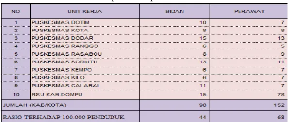 Tabel  V.8  menggambarkan  jumlah  tenaga  Bidan  dan  Perawat  yang  ada                  di Kabupaten Dompu Tahun 2012