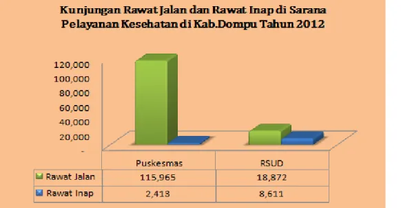 Grafik  4.23  menggambarkan  tetang  jumlah  kunjungan  rawat  jalan  dan  rawat  inap  yang  ada  di  Puskesmas  dan  Rumah  Sakit  di  Kabupaten  Dompu  pada tahun 2012