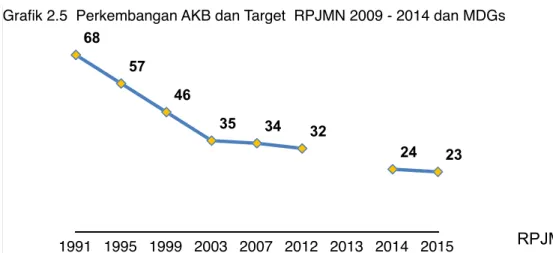 Grafik 2.5  Perkembangan AKB dan Target  RPJMN 2009 - 2014 dan MDGs 