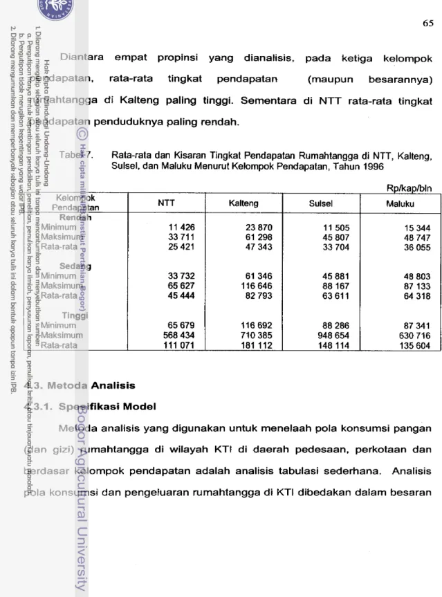 Tabel  7.  Rata-rata dan  Kisaran Tingkat  Pendapatan Rumahtangga di  NTT,  Kalteng,  Sulsel, dan Maluku Menurut Kelompok Pendapatan, Tahun 1996 