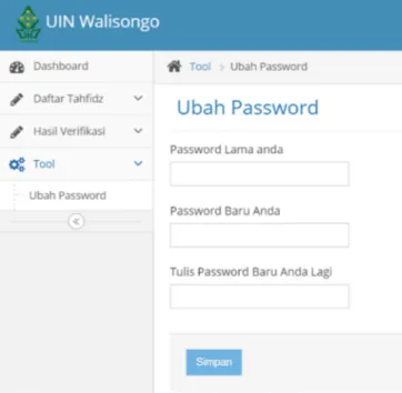 Gambar 4. Fasilitas Penggantian Password Setelah password diganti, klik tombol “Simpan“ seperti tombol beriku