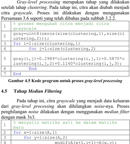 Gambar 4.5 Kode program untuk proses gray-level processing  4.5  Tahap Median Filtering 