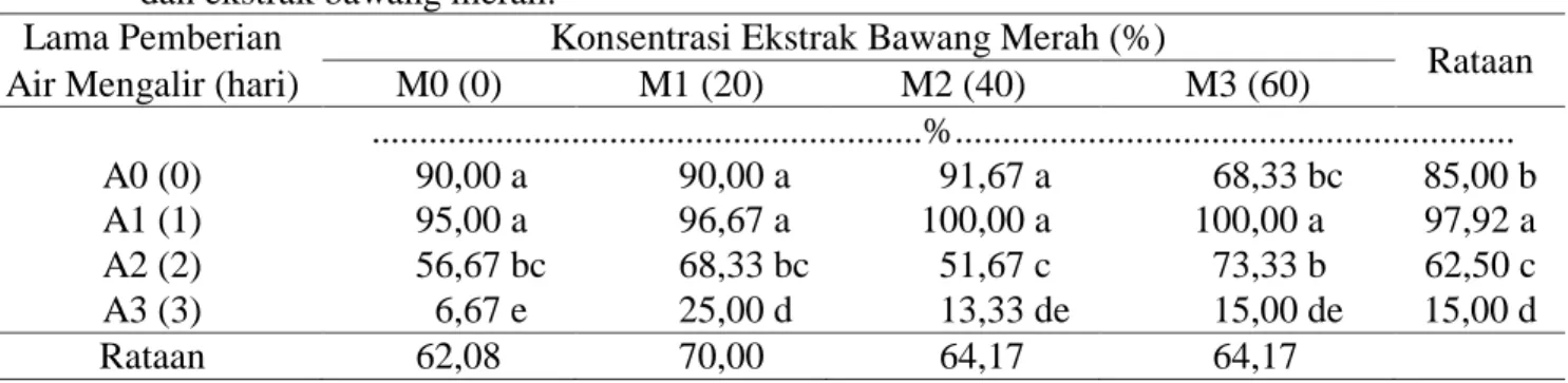 Tabel 2.  Persentase perkecambahan benih kopi Arabika pada perlakuan lama pemberian air mengalir  dan ekstrak bawang merah
