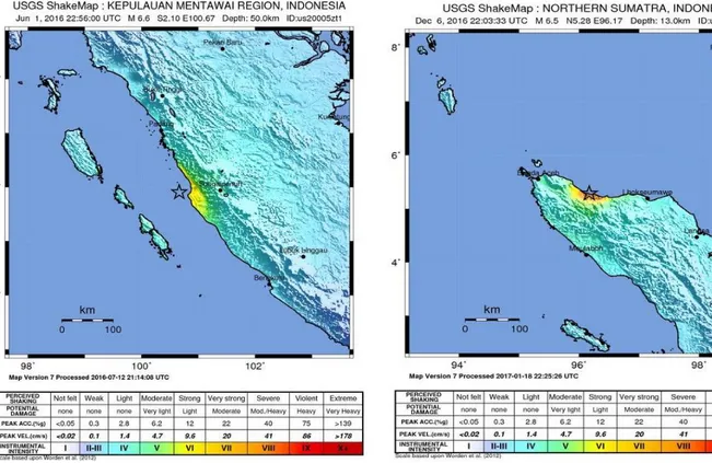Gambar 5. Peta Intensitas dan ShakeMap Gempa Solok. Gambar 6. Peta Intensitas dan ShakeMap Gempa Pidie Jaya.