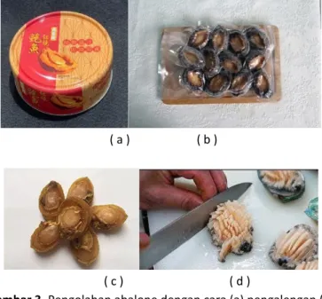 Gambar 3. Pengolahan abalone dengan cara (a) pengalengan (b)  beku (c) pengeringan (d) mentah 