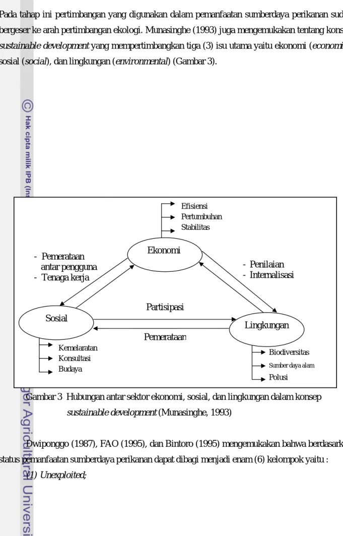 Gambar 3  Hubungan antar sektor ekonomi, sosial, dan lingkungan dalam konsep  sustainable development (Munasinghe, 1993) 