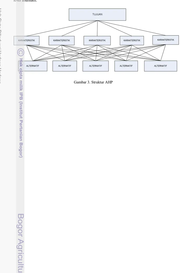 Gambar 3 menunjukan struktur AHP yang terdiri dari tiga level, yaitu level tujuan, level kriteria, dan  level alternatif