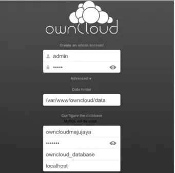 Gambar 5. Tampilan akun administrator di Owncloud Dengan menggunakan OwnCloud dapat menyimpan file, folder, galeri,  dan  dokumen  lainnya,  serta  dapat mengakses  file