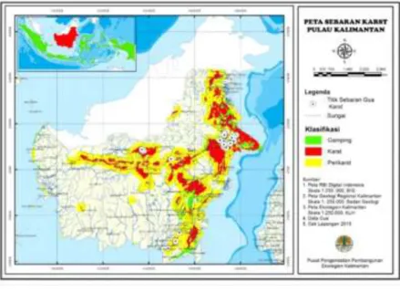 Gambar 1. Peta sebaran batugamping dan karst pulau Kalimantan. 