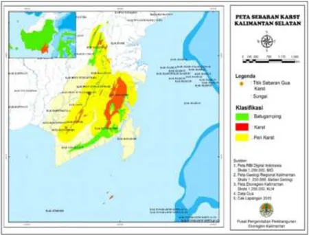 Gambar 3. Peta sebaran batu gamping dan karst di Provinsi Kalimantan  Selatan. 