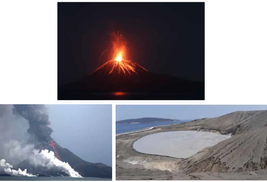 Foto letusan strombolian tanggal 22 Juli 2018 (atas), letusan diikuti aliran lava 16 September 2018 (kiri bawah), dan kondisi kawah pada 12  November 2019 (kanan bawah).