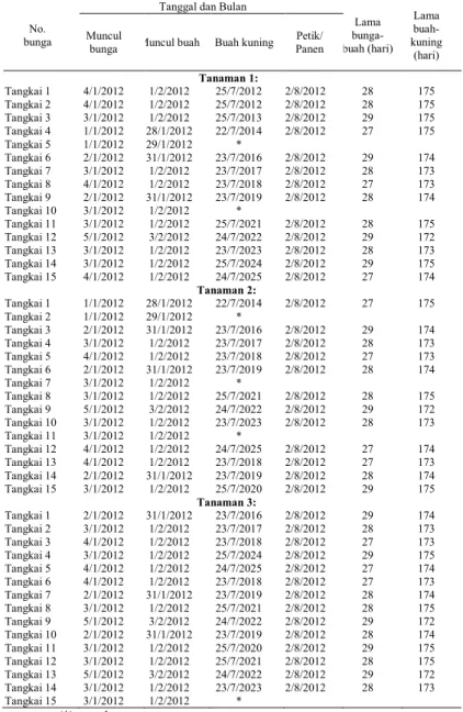 Tabel 7 Waktu pembentukan bunga dan buah pada 45 tangkai bunga dari  tiga tanaman lada varietas Natar 2 di Abung Barat