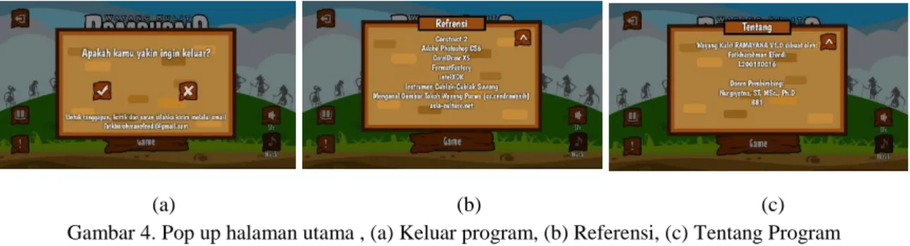 Gambar 4. Pop up halaman utama , (a) Keluar program, (b) Referensi, (c) Tentang Program 