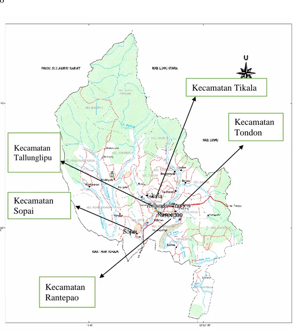 Gambar  3  Peta  lokasi  penelitian  di  Kabupaten  Toraja  Utara  (Sumber  :  Pemkab  Toraja Utara 2010) 