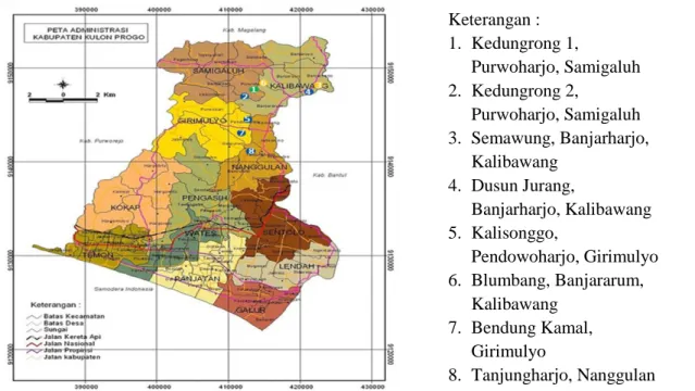 Gambar 1.1 Peta Potensi Tenaga Air untuk PLTMH di Kabupaten Kulon Progo  (Sumber : http://www.kulonprogokab.go.id)  Keterangan :  1