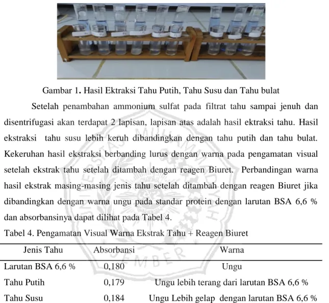 Tabel 4. Pengamatan Visual Warna Ekstrak Tahu + Reagen Biuret 