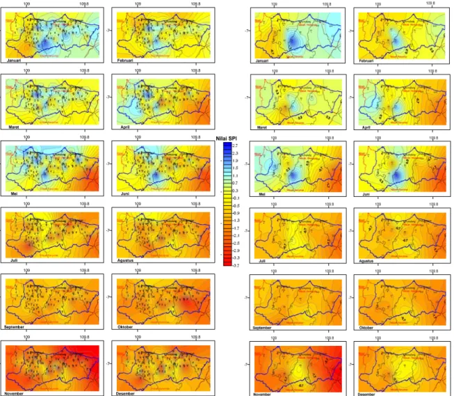 Gambar 5 merupakan peta perbandingan sebaran  tingkat  keparahan  kekeringan  di  wilayah  Pemali  Comal antara 94 pos dengan 15 pos hujan terpilih. 