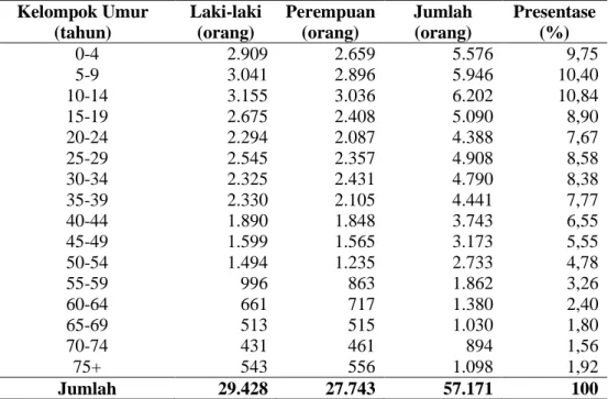 Tabel 9.  Sebaran penduduk Kecamatan Sidomulyo menurut kelompok                              umur dan jenis kelamin pada tahun 2012 