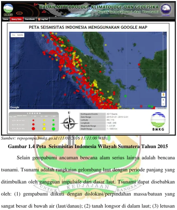Gambar 1.4 Peta  Seismisitas Indonesia Wilayah Sumatera Tahun 2015  Selain  gempabumi  ancaman  bencana  alam  serius  lainya  adalah  bencana  tsunami