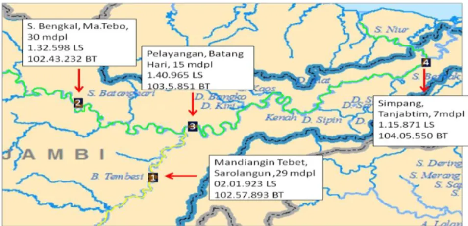 Gambar  1  Peta  lokasi  pengambilan  sampel,  1:  Mandiangin  Tebet,  2:  Sungai     Bengkal, 3: Pelayangan, 4: Simpang