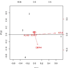 Gambar  2  Biplot  PCA  parameter  fisika-kimia  perairan  lokasi  pengambilan  sampel,  1=Mandiangin, 2=S