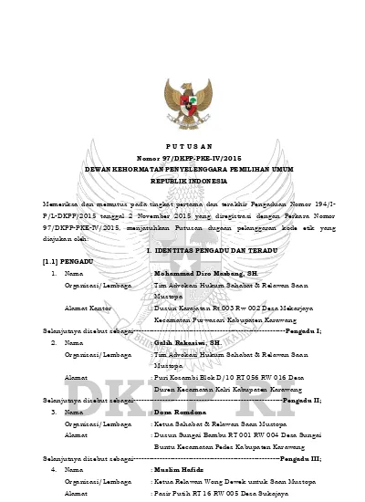 P U T U S A N Nomor 97/DKPP-PKE-IV/2015 DEWAN KEHORMATAN PENYELENGGARA ...