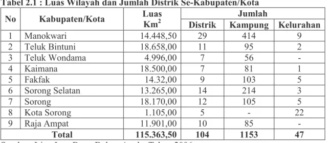 Tabel 2.1 : Luas Wilayah dan Jumlah Distrik Se-Kabupaten/Kota  Jumlah 