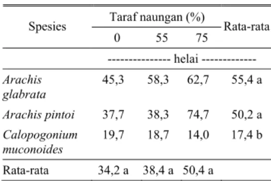 Tabel 4. Rataan luas daun tiga spesies leguminosa  pada taraf naungan yang berbeda di  dataran tinggi Gurgur  