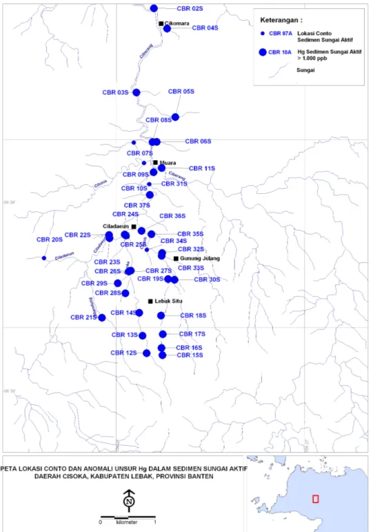 Gambar 7. Peta Lokasi Conto dan Anomali Unsur Hg Dalam  Sedimen Sungai Aktif