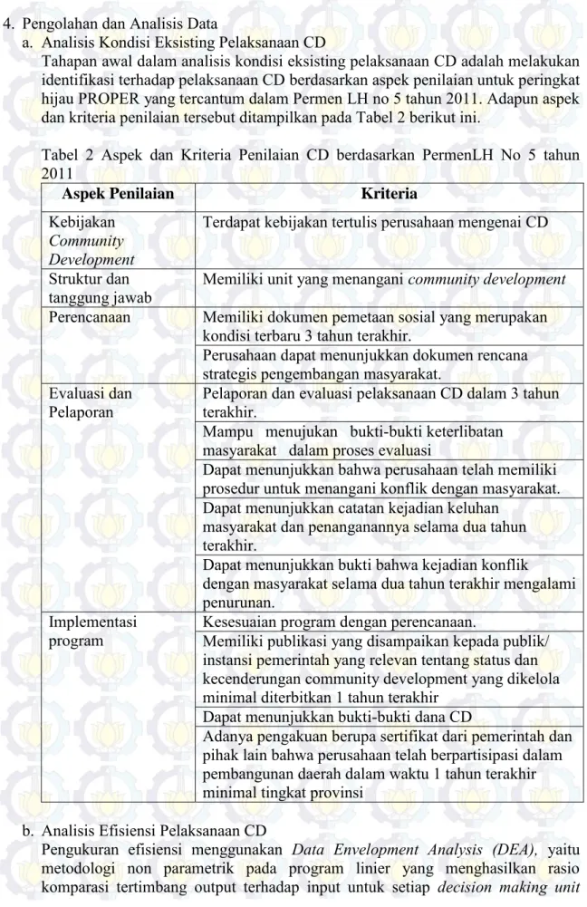 Tabel  2  Aspek  dan  Kriteria  Penilaian  CD  berdasarkan  PermenLH  No  5  tahun  2011 