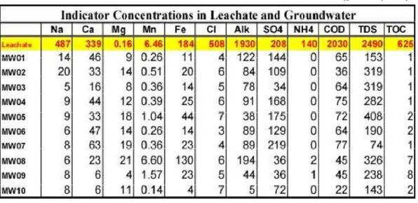 Tabel 11. Indikator konsentrasi Leachate dan Air Tanah Tennessee tahun 1999 (Johnson, 2011)
