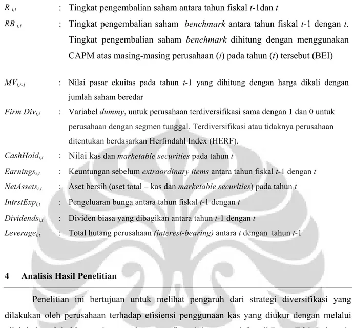 Tabel 1 pada halaman 13 berikut adalah tabel yang memberi ringkasan arah hubungan  variabel  independen  terhadap  excess return saham  perusahaan  sesuai  dengan  hasil  estimasi  hasil regresi