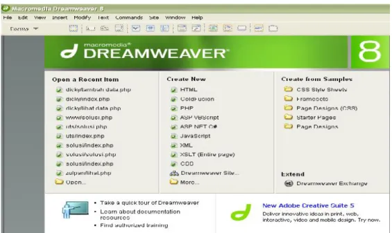 Gambar II.5. Tampilan awal Macromedia Dreamweaver 8