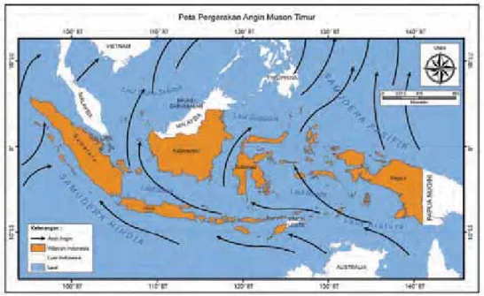 Gambar 1.5 Arah angin pada saat musim kemarau di Indonesia. Angin dari Australia yang  kering tidak  membawa cukup uap air untuk diturunkan sebagai hujan di Indonesia.