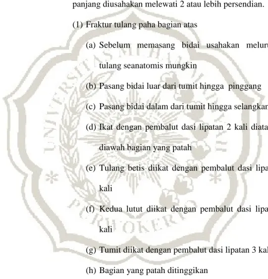 Gambar 2.1 Pembidaian pada fraktur tulang paha bagian atas  (2)  Fraktur tulang paha bagian bawah 